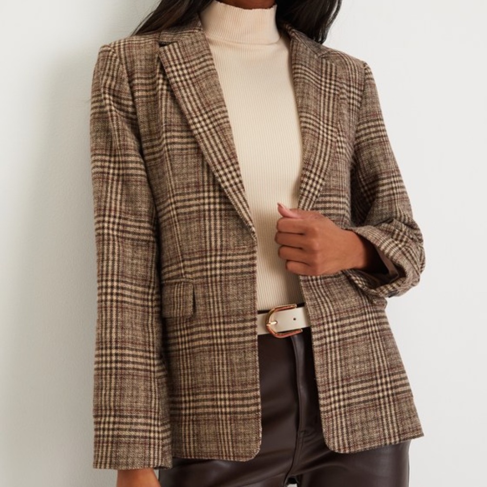 Lulus Sophisticated Chic Brown Plaid Tweed Blazer - Size XS